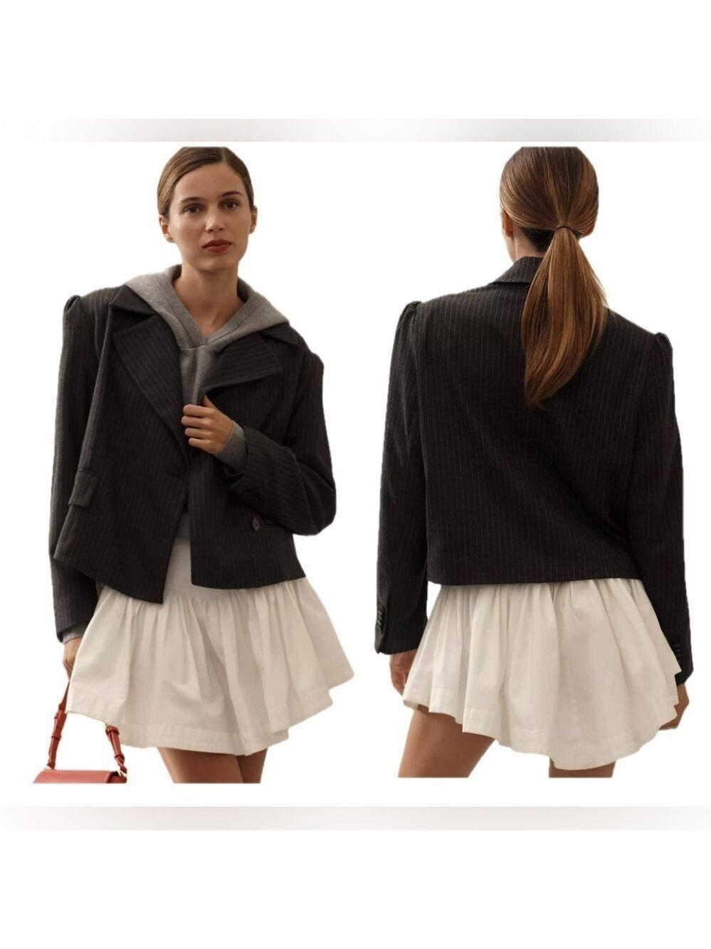Anthropologie Maeve 80s Boxy Blazer Jacket in grey micro pinstripe Sz L NWOT
